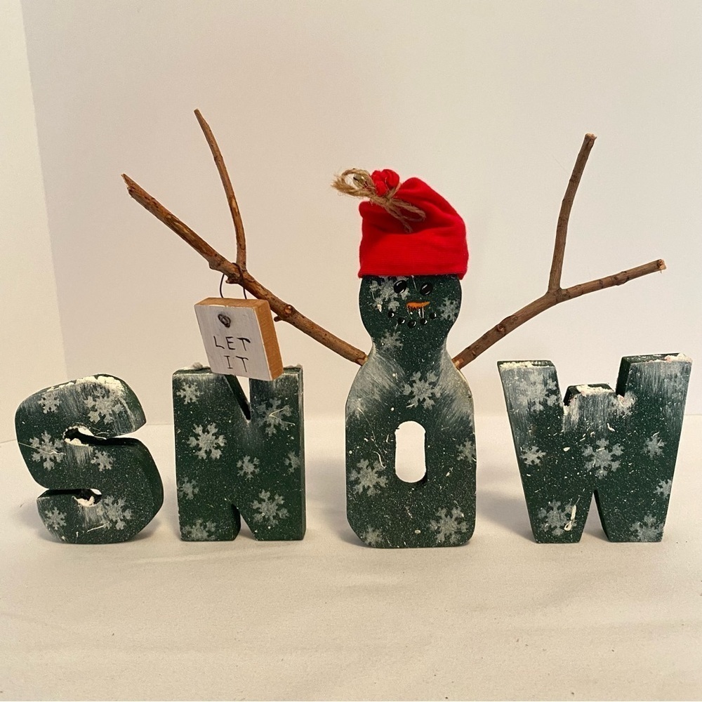 Wooden Let It Snow Snowman With Real Branch Arms Winter Decoration